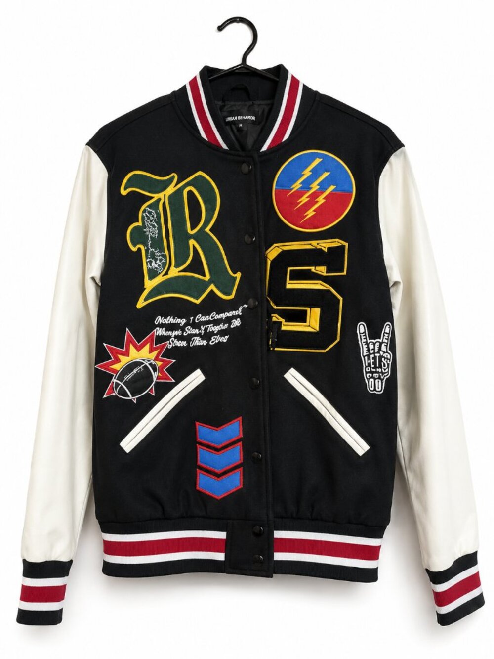 Fashion Nova Varsity Letterman Jacket Medium Black Faux Leather Sleeve Patch Bom